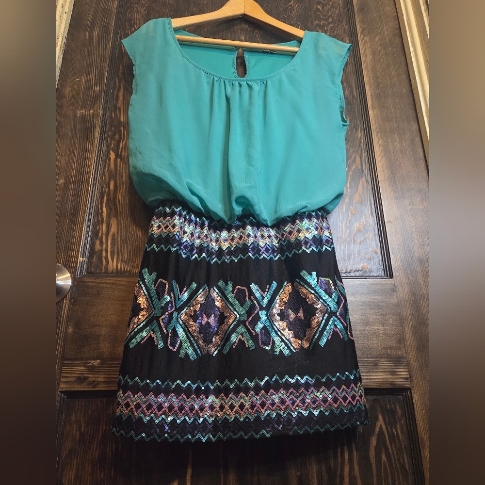 AUW Aqua Teal w/ Sequin Desig  Bottom Mini Dress